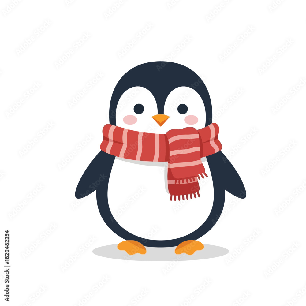 Obraz premium Adorable cartoon penguin character bundled up in a cozy red and white striped scarf, standing happily. Perfect for winter themes and holiday designs