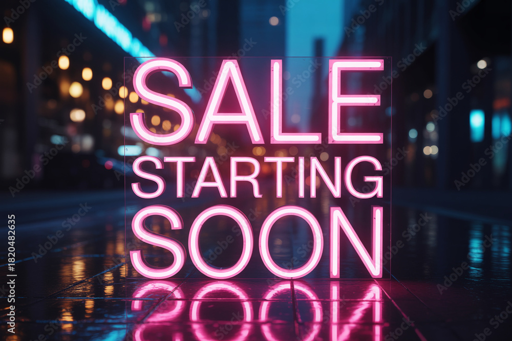Obraz premium Catchy neon sign announces 'Sale Starting Soon' in vibrant pink, creating excitement for upcoming retail promotions and attracting eager shoppers for special offers