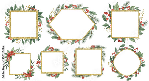 Watercolor Gold Christmas Frames Set with Green Leaves, Red Berries and Gold Glitter Geometric Borders