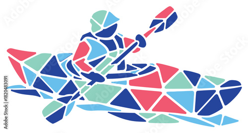 Abstract Geometric Illustration of a Kayaker Paddling in a Boat, Rendered in a Colorful Mosaic Style