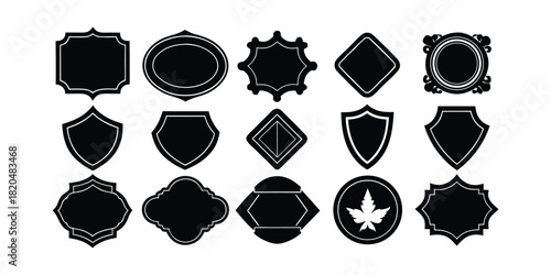 Fifteen black silhouette decorative frames badges shields and a maple leaf on white background