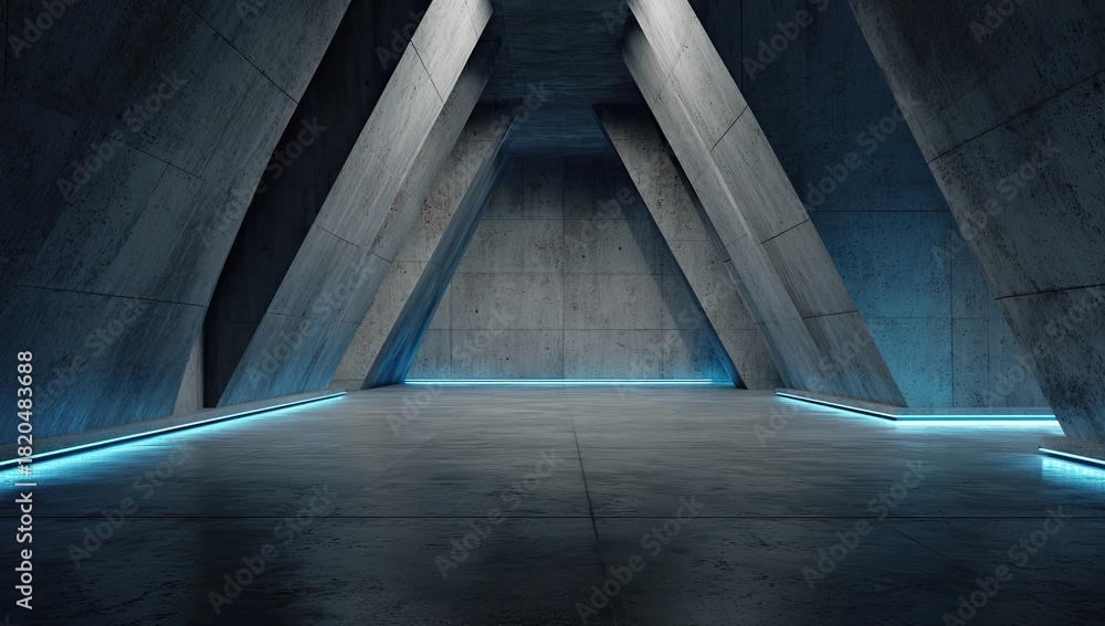 Obraz premium A modern concrete space, lit by blue neon, with angled walls and a triangular void