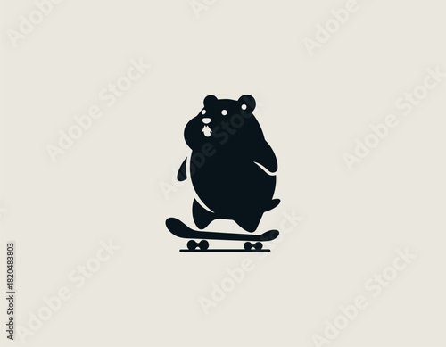 plump black rodent character energetically skateboarding with a joyful expression and a simple line art design.