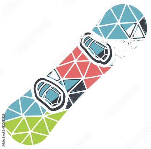 Abstract Geometric Snowboard Illustration with Colorful Polygonal Design and Stylized Bindings