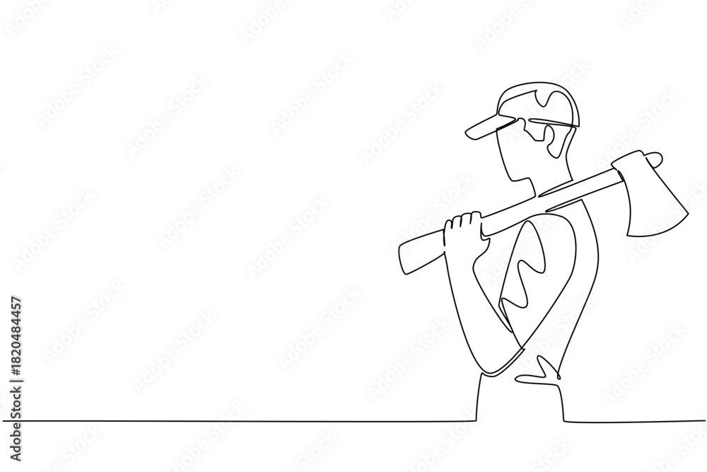Obraz premium One line drawing of a man carrying an axe on his shoulder, sports concept for international event, International Axe Throwing Day promoting leagues, training, safety, and community participation.