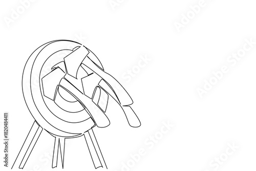 Continuous line drawing of a tripod target with multiple axes embedded after throw, sports concept for recreational competition. International Axe Throwing Day. Competition event poster scene