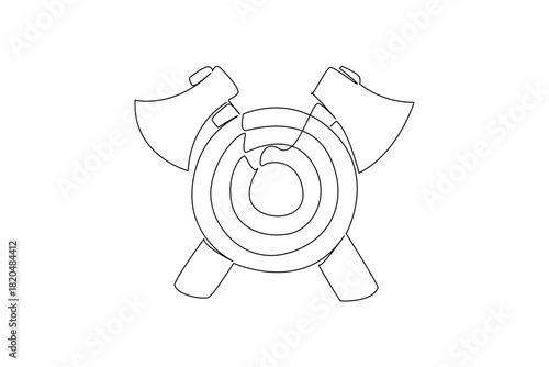 Single line drawing of twin axes crossed over a round target crest, sports concept for international event, themed for International Axe Throwing Day celebrating tournaments, clubs, competition