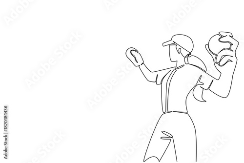 One line drawing of a woman pitcher winding up with ball and glove, sports concept for athletic performance, themed for World Softball Day celebrating global participation, coaching, leagues, and fans