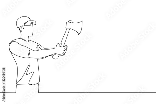Single line drawing of a man with cap raising an axe overhead with both hands, sports concept for international event, for International Axe Throwing Day celebrating leagues, training, competition