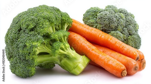 Fresh broccoli and carrots displayed on a white background.