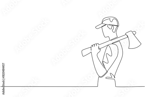 One line drawing of a man carrying an axe on his shoulder, sports concept for international event, International Axe Throwing Day promoting leagues, training, safety, and community participation.