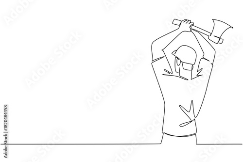 Continuous line drawing of a man extending both arms ready to release an axe, sports concept for international event, International Axe Throwing Day. Aiming an axe at a round wooden target.