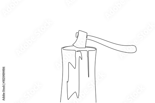 A one line drawing of a hatchet embedded in a wooden tree stump block, ready for chopping. This international event concept is a rustic symbol for International Axe Throwing Day. Recreational event