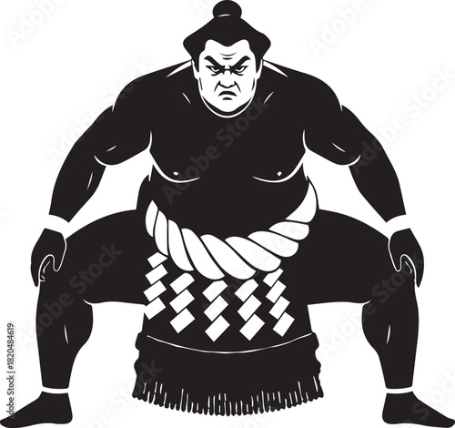 Robust sumo wrestler in a deep crouch showcased in isolated silhouette design