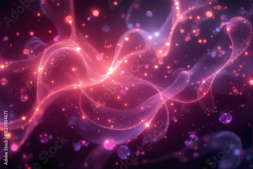 Glowing pink and purple light forms swirl amidst scattered sparkling dust particles