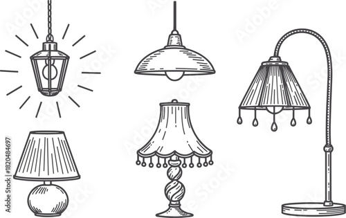Assortment of Hand- Drawn Lamps and Light Fixtures Keywords: lamp, light, lighting, fixture