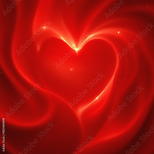 Abstract glowing red heart shape emerging from swirling luminous silk background texture