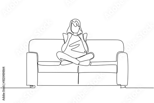Single line drawing of a woman sitting cross legged on a couch, hug holding a pillow, enjoying a moment of solitude or a show, emphasizing home cinema comfort, relaxation. National Movie Night event