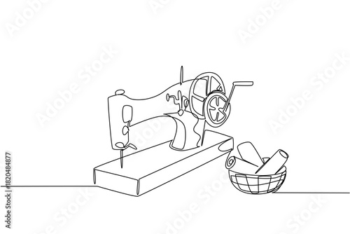 Commemorate National Sewing Machine Day with an industry concept banner in single line drawing, showing fabric draping from an active machine to convey motion, craftsmanship, and maker dedication.