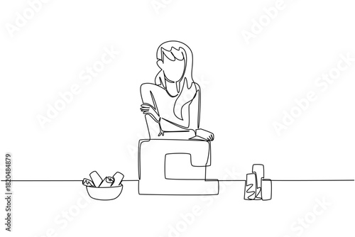 Honor National Sewing Machine Day with an industry concept cover in continuous line drawing, showing a woman seamstress seated by a machine and fabrics, celebrating skills and career pathways.