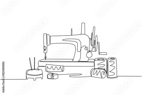 Celebrate National Sewing Machine Day with an industry concept layout in continuous line drawing, featuring a machine surrounded by spools, bobbins, and pin cushion, sewing thread setup.