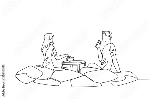 Celebrate National Movie Night with an industry concept in single line drawing, portraying a man and woman relaxing on floor with snacks and cushions, evoking date vibes for the international event.