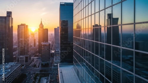 Captivating city skyline bathed in the warm glow of a setting sun reflecting on glass skyscrapers