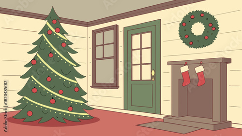 Cozy animated christmas living room scene with a decorated tree, festive fireplace, hanging stockings, and holiday wreath, ideal for seasonal greetings, winter holidays, and celebration.
