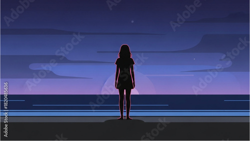 Girl Silhouette Contemplates the Ocean at Sunset Amidst Tranquil Scenery