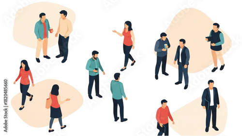 Isometric illustration of diverse people interacting in a community setting, representing social connections and networking in a modern flat design