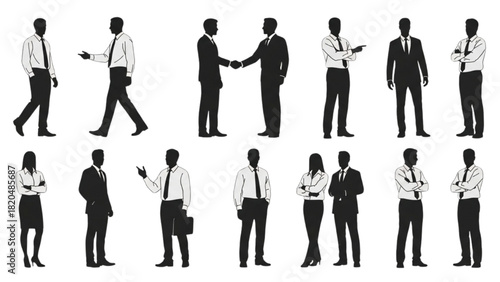 A diverse collection of business people silhouettes showing various corporate poses and interactions