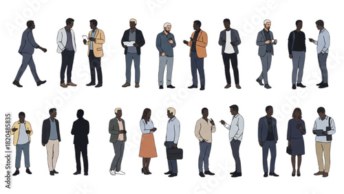 Diverse group of men and women in casual business attire standing and walking