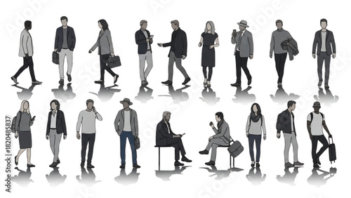 A diverse community of modern individuals showcasing various urban interactions and daily life activities