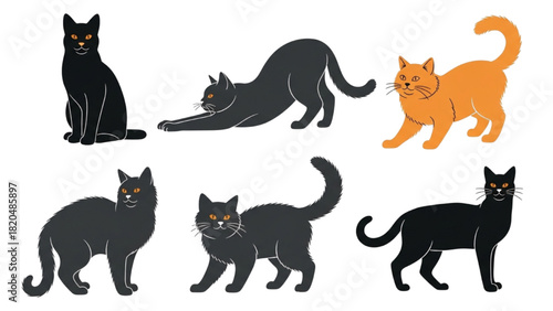 Collection of illustrated domestic cats in different poses, including black and ginger felines