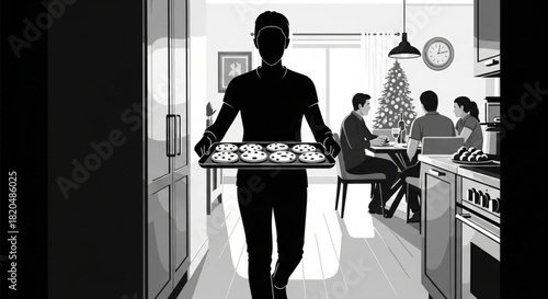 Silhouette of a person carrying a tray of freshly baked goods.