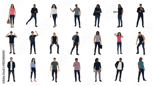 Set of diverse vector illustrations of casual people standing in various poses