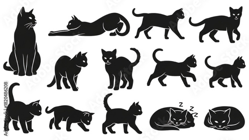 A versatile set of black cat silhouettes illustrating various feline poses and actions