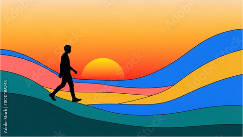Silhouette of a man walking across a colorful, abstract landscape at sunset