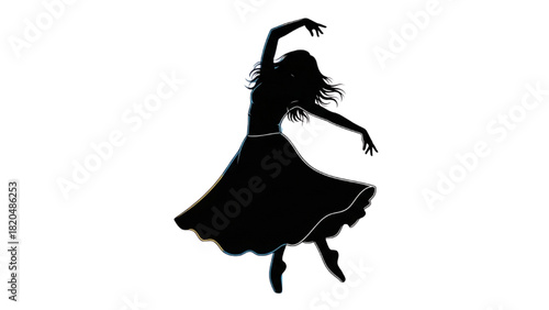Silhouette of Woman in Flowing Dress Mid-Dance, Expressing Joy and Freedom