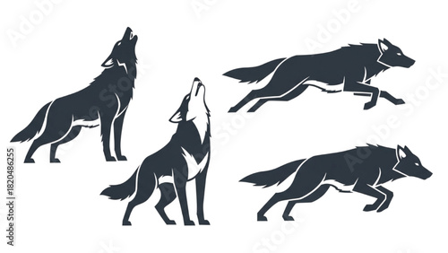 Four Silhouettes of Wolves in Dynamic Poses Illustrating Wild Nature