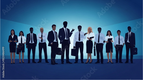 Diverse Team of Professionals Standing Together on a Blue Background