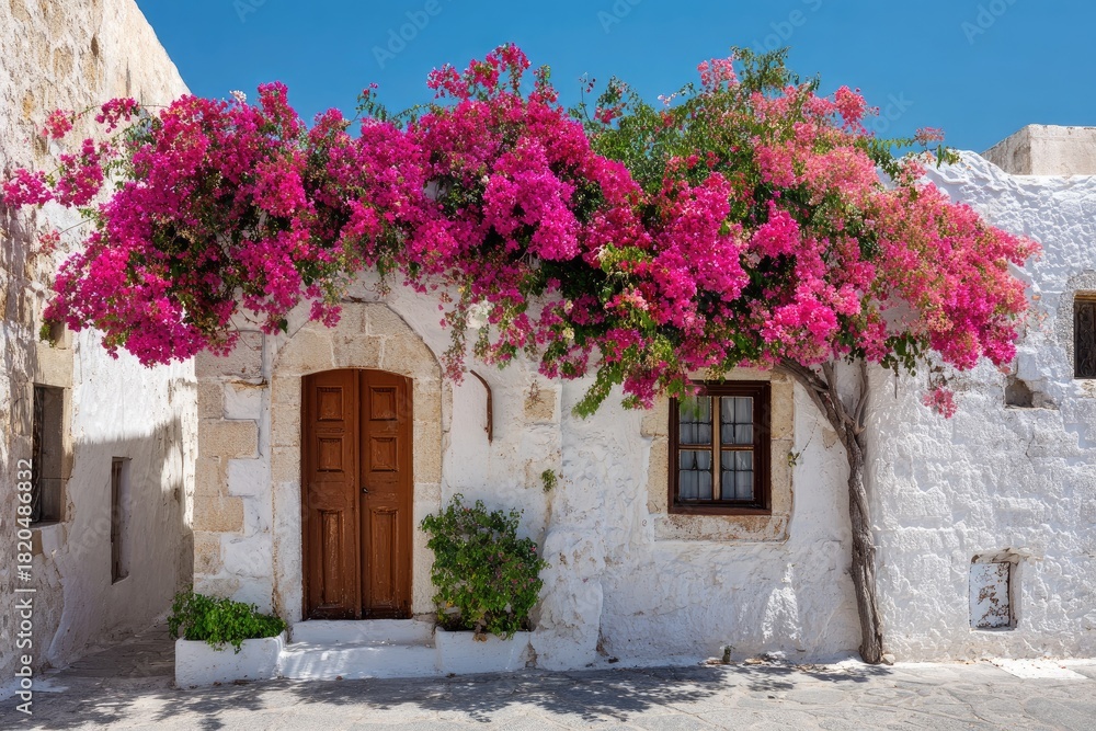 Fototapeta premium A quaint white building draped in vibrant pink flowers under a bright blue sky