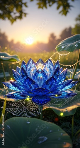 Blue crystal lotus flower at sunrise with dew covered spiderwebs in a garden setting