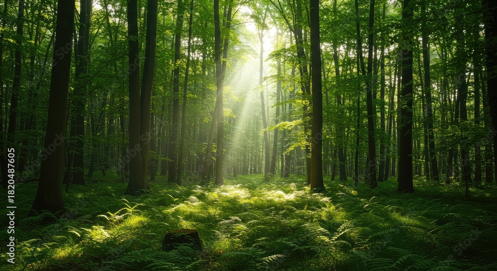 Fototapeta premium Dense temperate forest landscape with bright sunlight filtering through the canopy, illuminating the lush green undergrowth below ,woodland ,moss ,pine