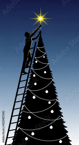 Silhouette of a person on a ladder placing a star on a Christmas tree.