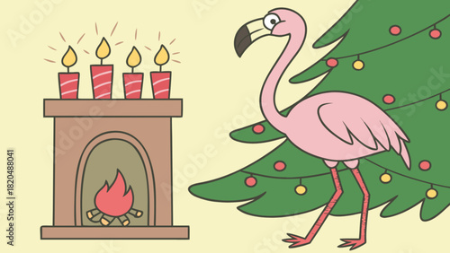 Pink flamingo cartoon character stands beside a festive christmas tree adorned with ornaments, next to a cozy fireplace with burning logs and glowing candles on the mantel.