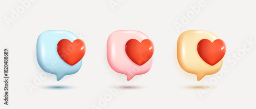 Chat speech bubble with 3d hearts. social media like icon. chat love message with cute 3d hearts. valentine's Day. app love comment. social media concept, love emoticon. 3d vector.