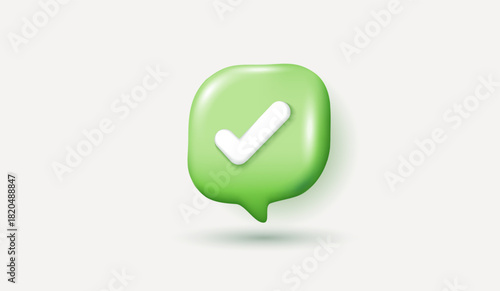 3D green check mark icon in chat bubble, approval symbol, success sign, verification button, positive confirmation, modern design illustration for app and web. vector 3d design.