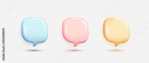 3D glossy speech bubble set in blue pink yellow, shiny chat balloon collection for social media, messaging app, communication design isolated on white background.