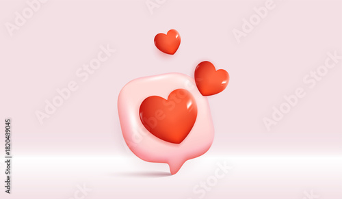 Chat speech bubble with 3d hearts. social media like icon. chat love message with cute 3d hearts. valentine's Day. app love comment. social media concept, love emoticon. 3d vector.